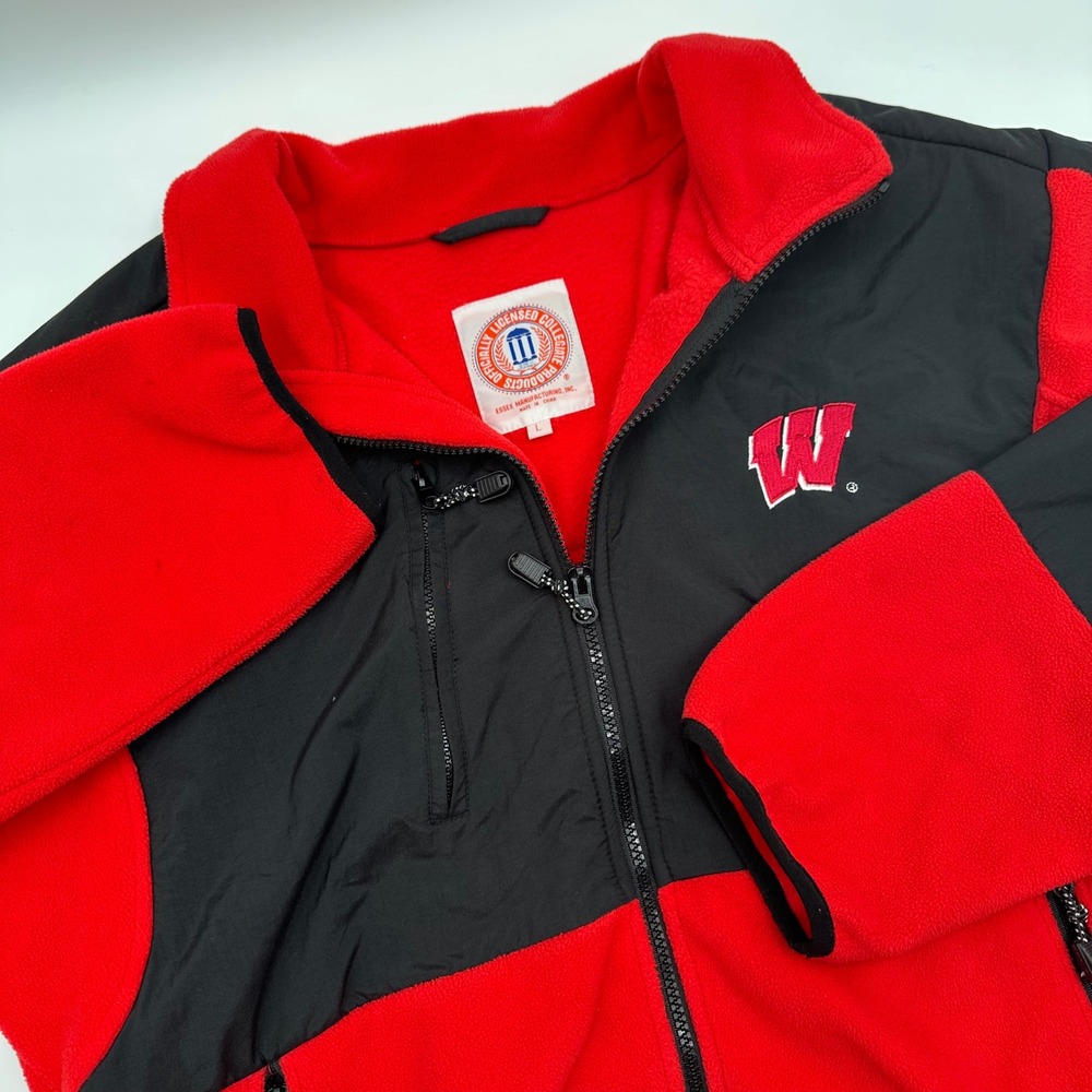 Wisconsin Badgers Essex Fleece Jacket Mens Large Red Black Full Zip NCAA W Logo